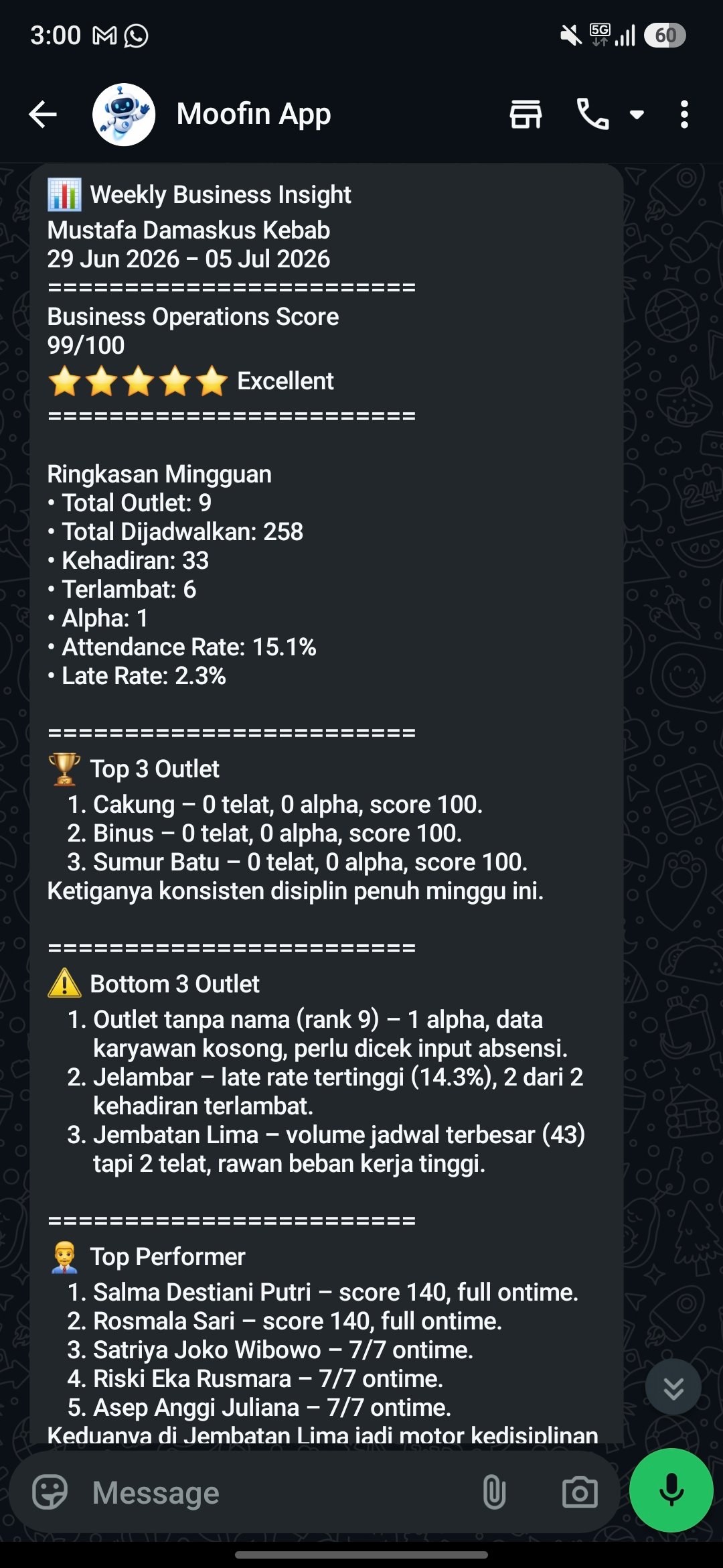 Contoh laporan dan chat Jarfin AI melalui WhatsApp
